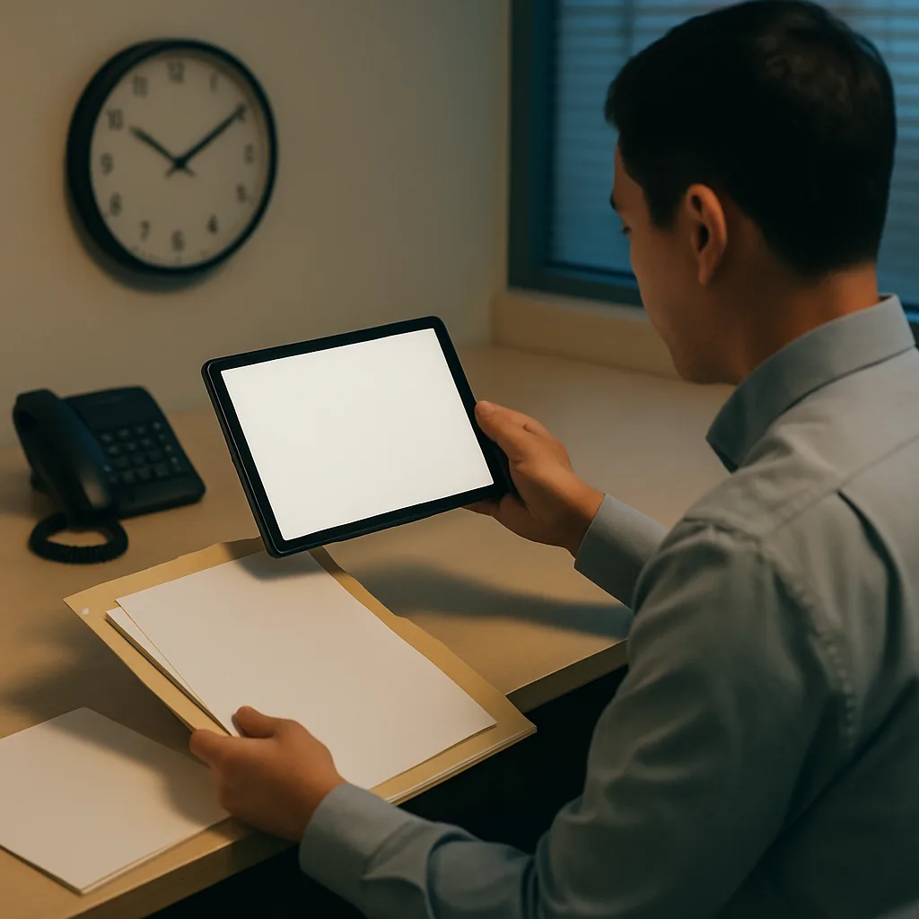 Worker documenting unpaid post-shift tasks for a Houston overtime claim