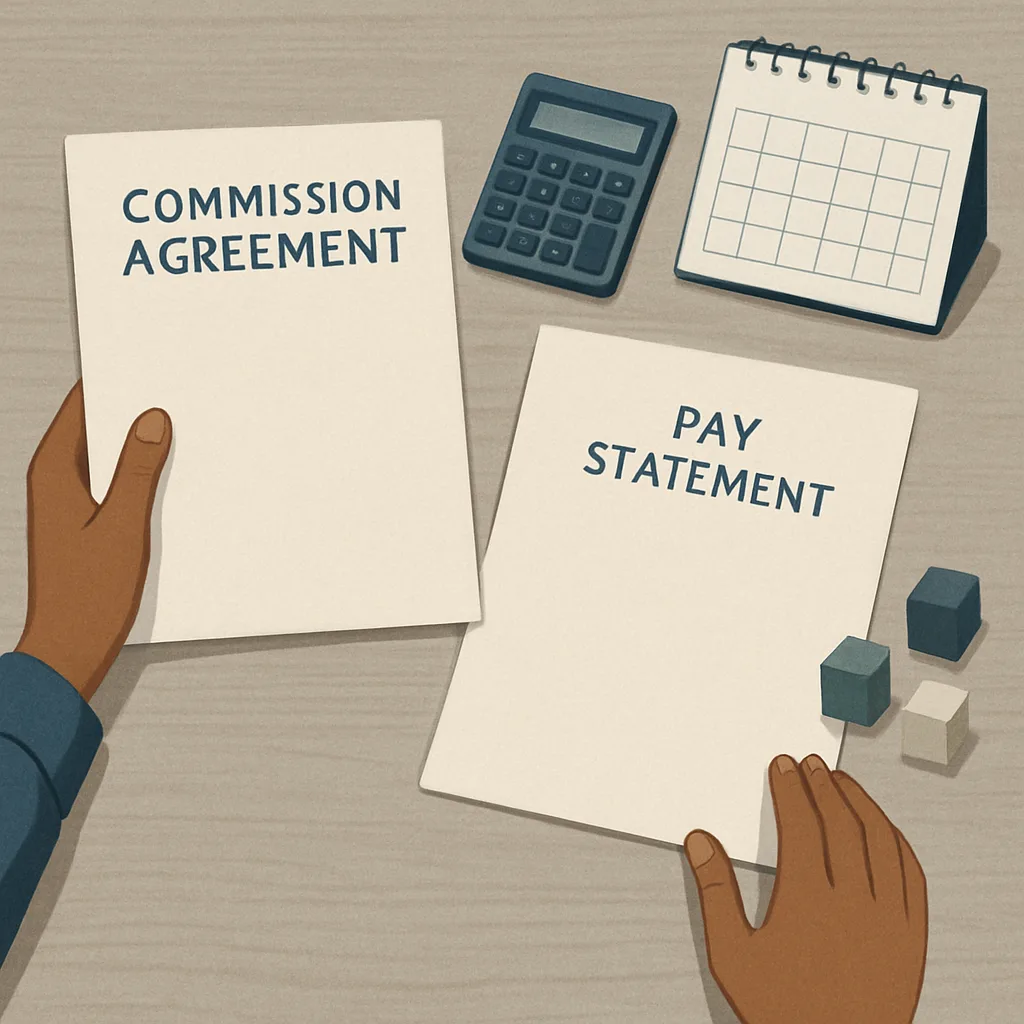 Commission draw and overtime calculation records for a Houston employee