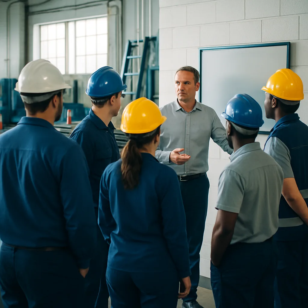 Workers attending a required pre-shift safety meeting in Houston